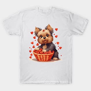 Cartoon Yorkshire Terrier Dog in Hearts Basket T-Shirt